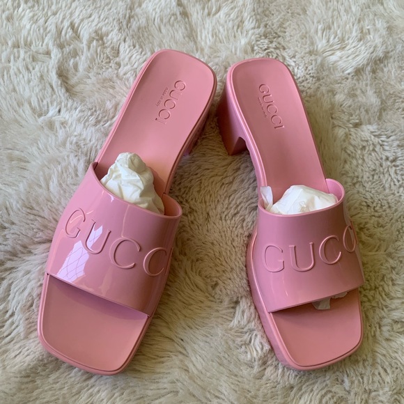 New GUCCI Wild Rose Pink Rubber GG Logo Slides Heel Mules Sandals Women’… - Picture 9 of 12